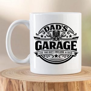 Dad’s Garage design printed on a white ceramic coffee mug