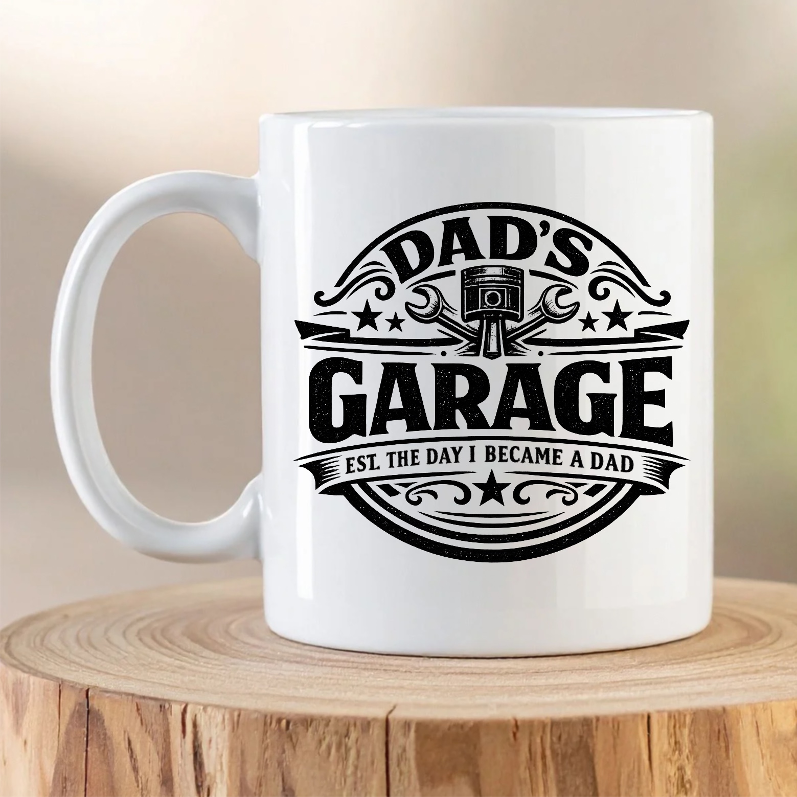 Dad’s Garage design printed on a white ceramic coffee mug