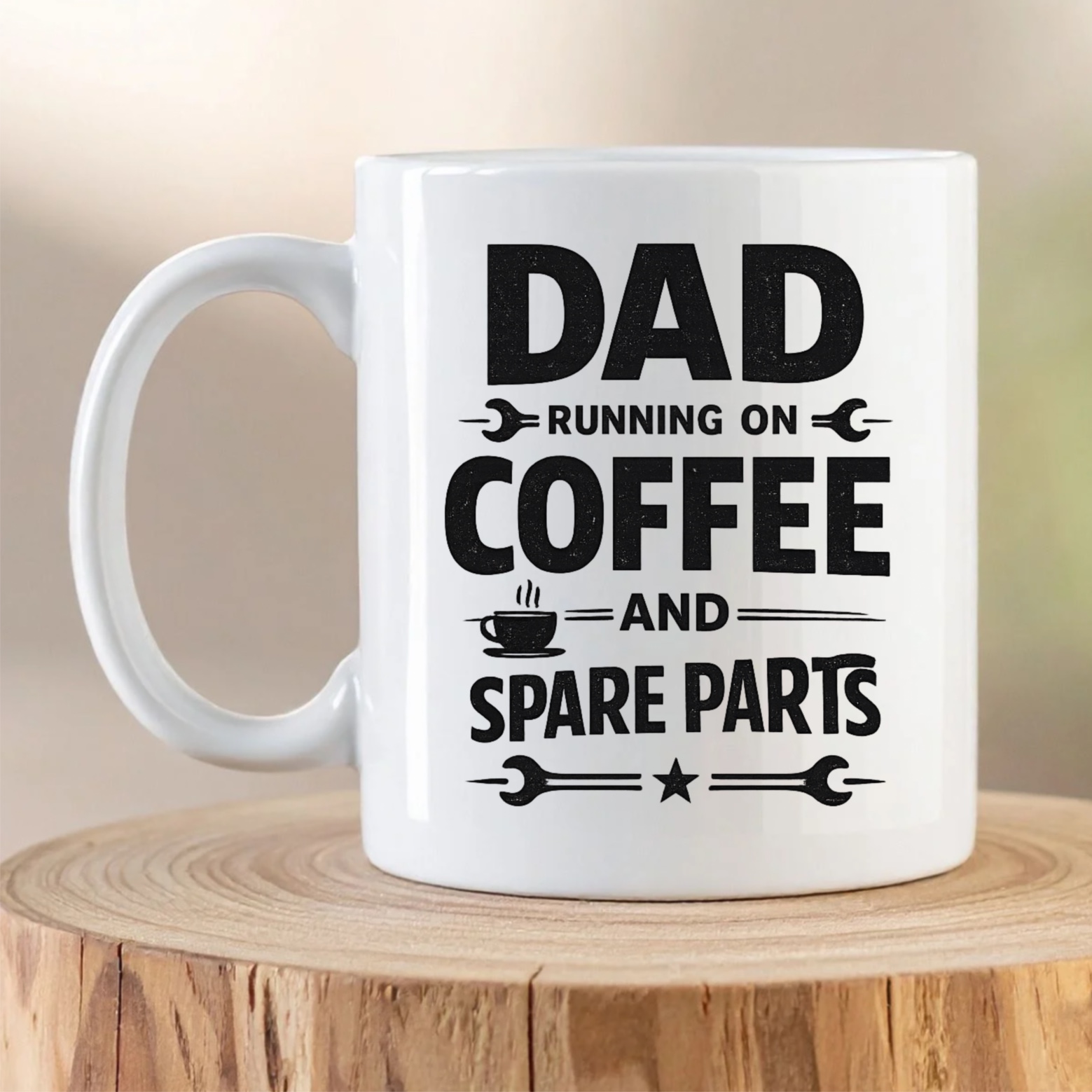 Dad Running on Coffee and Spare Parts design printed on a white ceramic coffee mug