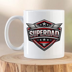 SuperDad shield design printed on a white ceramic coffee mug