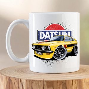 Datsun 160Z classic car artwork printed on a white ceramic coffee mug