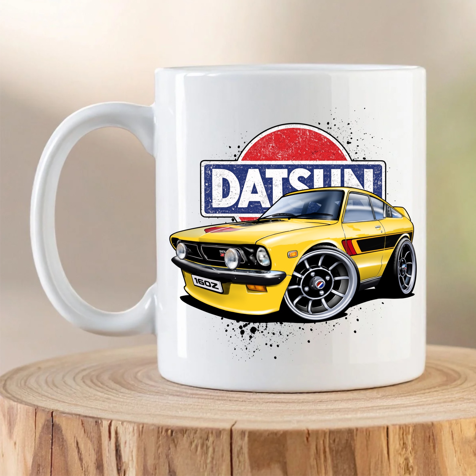 Datsun 160Z classic car artwork printed on a white ceramic coffee mug