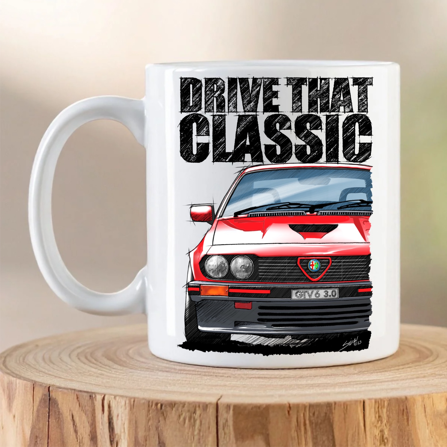 Alfa Romeo GTV6 3.0 Mug featuring red classic Alfa Romeo artwork