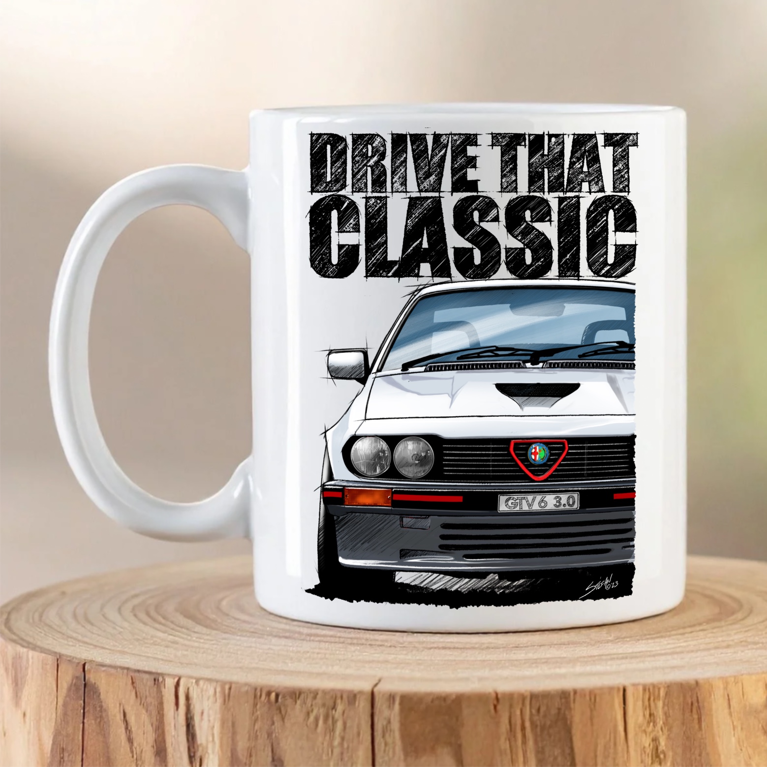 Alfa Romeo GTV6 3.0 Mug featuring white classic Alfa Romeo artwork