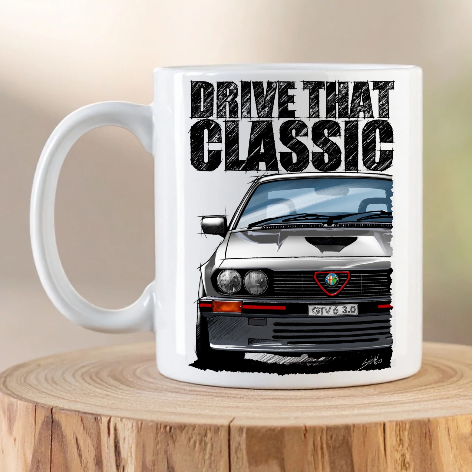 Alfa Romeo GTV6 3.0 Mug featuring charcoal classic Alfa Romeo artwork