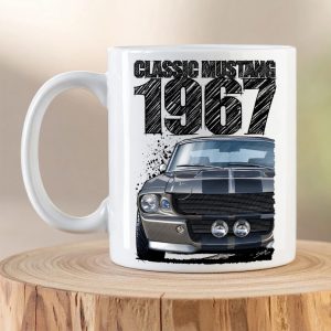 Silver 1967 Ford Mustang mug featuring iconic American muscle car artwork