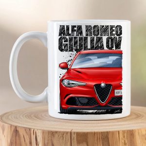 Red Alfa Romeo Giulia Quadrifoglio Mug with original Giulia QV artwork
