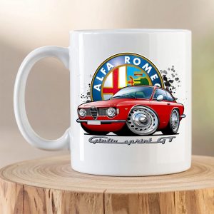 Alfa Romeo Giulia Sprint GT mug with red classic Alfa Romeo coupe artwork and Alfa Romeo emblem
