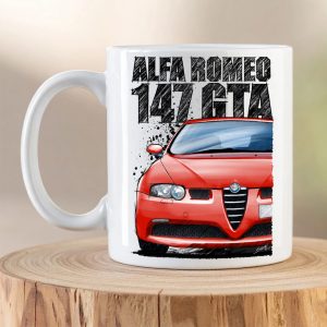 Alfa Romeo 147 GTA mug featuring red Busso V6 hot hatch artwork