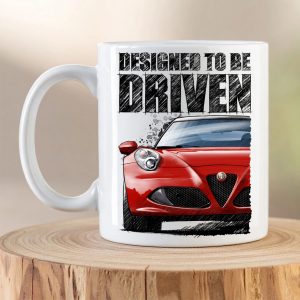 Alfa Romeo 4C ceramic mug featuring red Alfa Romeo sports car artwork and Designed To Be Driven slogan