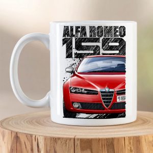 Alfa Romeo 159 coffee mug featuring detailed artwork of the iconic Italian sports saloon available in multiple colour options. Red