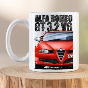 Alfa Romeo GT 3.2 V6 coffee mug featuring detailed artwork of the iconic Busso V6-powered Italian sports coupe on a premium ceramic mug. Red