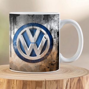 Premium Volkswagen Oil Can Logo Mug featuring a distressed industrial design. Printed to order in South Africa. Perfect for Volkswagen enthusiasts.