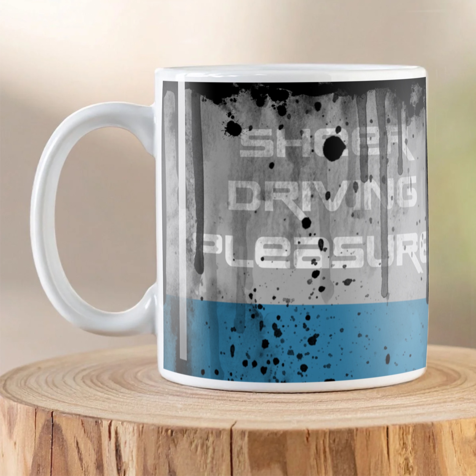 Reverse side of BMW Sheer Driving Pleasure Oil Can Mug featuring Sheer Driving Pleasure slogan