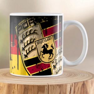 Porsche There Is No Substitute Oil Can Mug featuring vintage distressed Porsche crest artwork