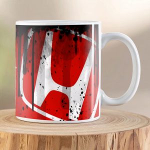 Honda The Power of Dreams Oil Can Mug showing distressed Honda logo on a premium ceramic coffee mug