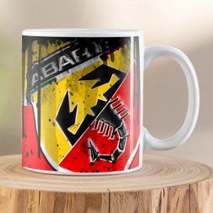 Abarth Scorpion Power Oil Can Mug showing the iconic Abarth scorpion badge on a premium ceramic coffee mug