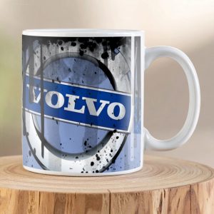 Volvo Pride to Drive Oil Can Mug showing the iconic Volvo logo on a premium ceramic coffee mug