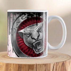 Jaguar The Art of Performance oil can ceramic coffee mug with vintage workshop-inspired artwork.