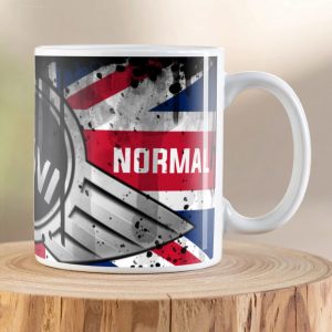 MINI Not Normal Oil Can Mug featuring the iconic MINI winged logo on a distressed Union Jack inspired vintage oil can design.