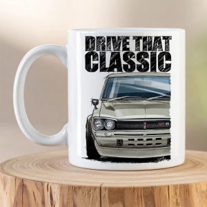 Nissan Skyline GT-R Hakosuka Drive That Classic ceramic coffee mug featuring original automotive artwork by Stefan Pansegrouw.