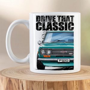 Datsun P510 SSS Turquoise Drive That Classic ceramic coffee mug featuring original classic car artwork by Stefan Pansegrouw.