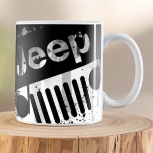 Jeep Life Is Not Where the Road Takes You Oil Can Mug featuring the iconic Jeep grille on a rugged vintage oil can inspired design.