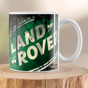 Land Rover The Best 4x4 By Far Oil Can Mug featuring the classic green Land Rover logo on a rugged vintage oil can inspired design.