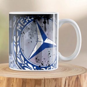 Mercedes-Benz The Best or Nothing Oil Can Mug featuring the iconic Mercedes-Benz three-pointed star on a distressed vintage oil can inspired design.