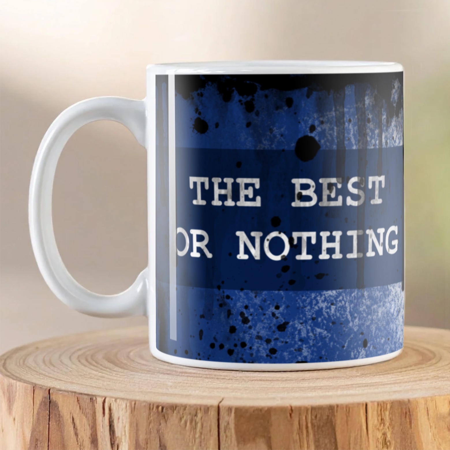 Reverse side of Mercedes-Benz The Best or Nothing Oil Can Mug displaying the slogan “The Best or Nothing” on a distressed blue workshop background.