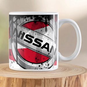 Nissan Shift Oil Can Mug featuring the iconic Nissan logo on a distressed vintage oil can inspired design.
