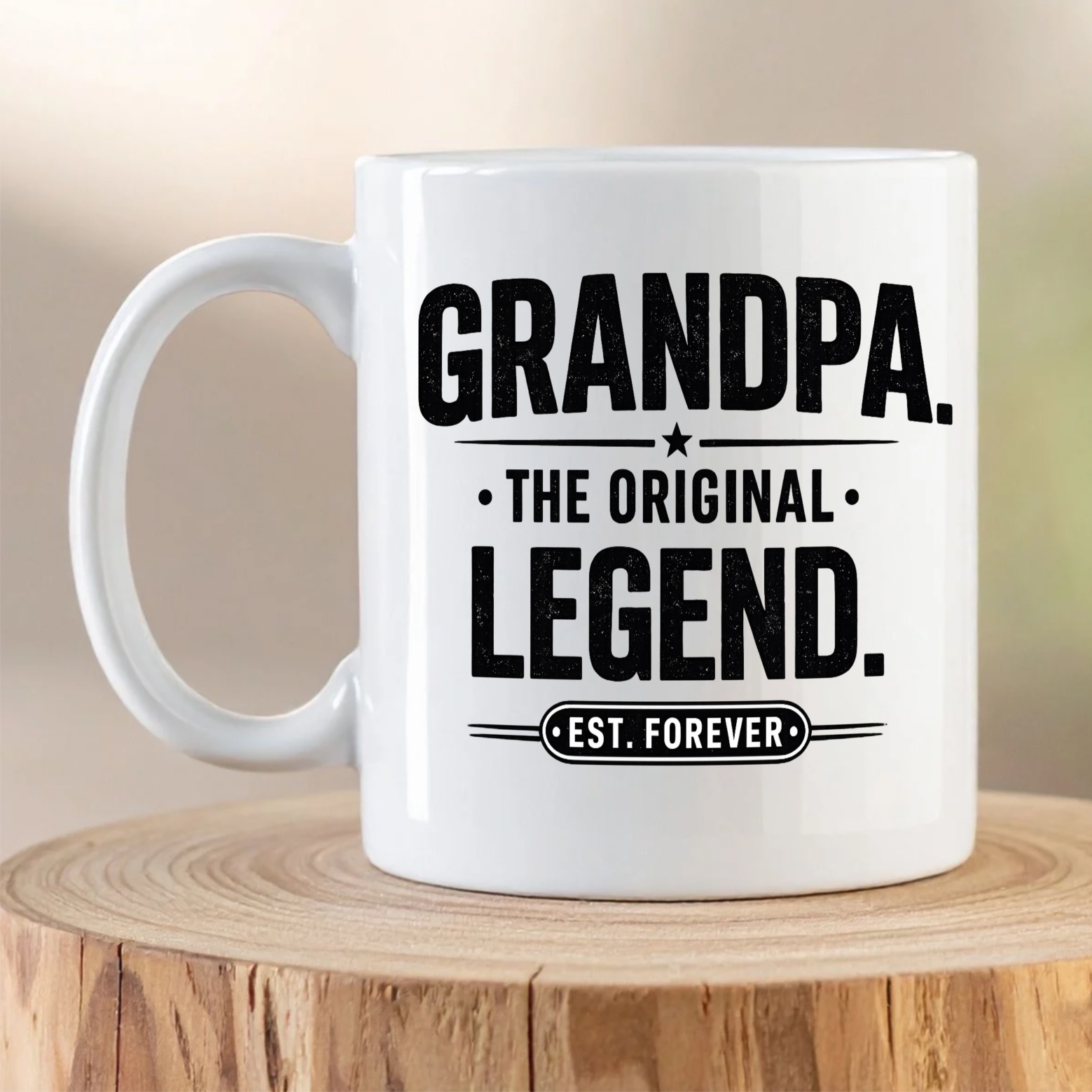 Grandpa The Original Legend ceramic coffee mug with bold black vintage typography on a white mug.