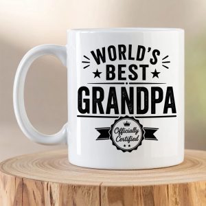 World's Best Grandpa Officially Certified ceramic coffee mug with bold black typography on a white mug.