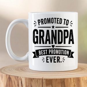 Promoted to Grandpa Best Promotion Ever ceramic coffee mug with bold black typography on a white mug.