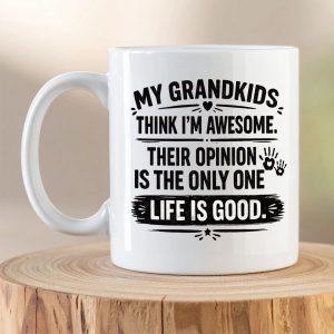 My Grandkids Think I'm Awesome ceramic coffee mug with bold black typography on a white mug.