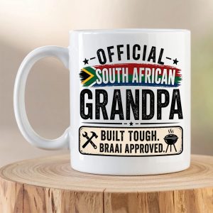 Official South African Grandpa ceramic coffee mug with Built Tough Braai Approved design and South African flag colours.