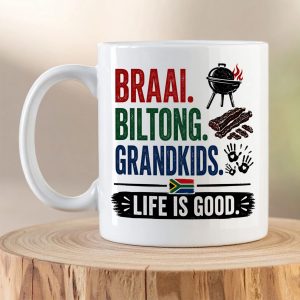 Braai Biltong Grandkids Life Is Good ceramic coffee mug with South African colours and braai-themed design.