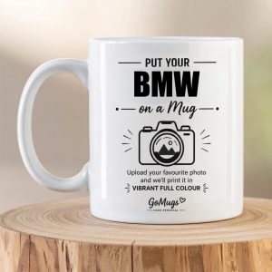 Personalised BMW photo mug with custom upload-your-own-photo design printed on a white ceramic mug.