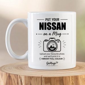 Personalised Nissan photo mug with custom upload-your-own-photo design printed on a white ceramic mug.