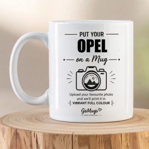 Personalised Opel photo mug with custom upload-your-own-photo design printed on a white ceramic mug.