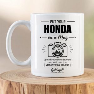 Personalised Honda photo mug with custom upload-your-own-photo design printed on a white ceramic mug.