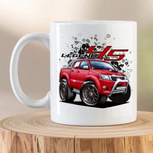 Toyota Hilux Legend 45 mug featuring a red Toyota Hilux Legend 45 double cab illustration on a white ceramic coffee mug.