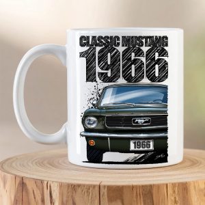 1966 Ford Mustang mug featuring a front-view illustration of a dark green 1966 Ford Mustang on a white ceramic coffee mug.