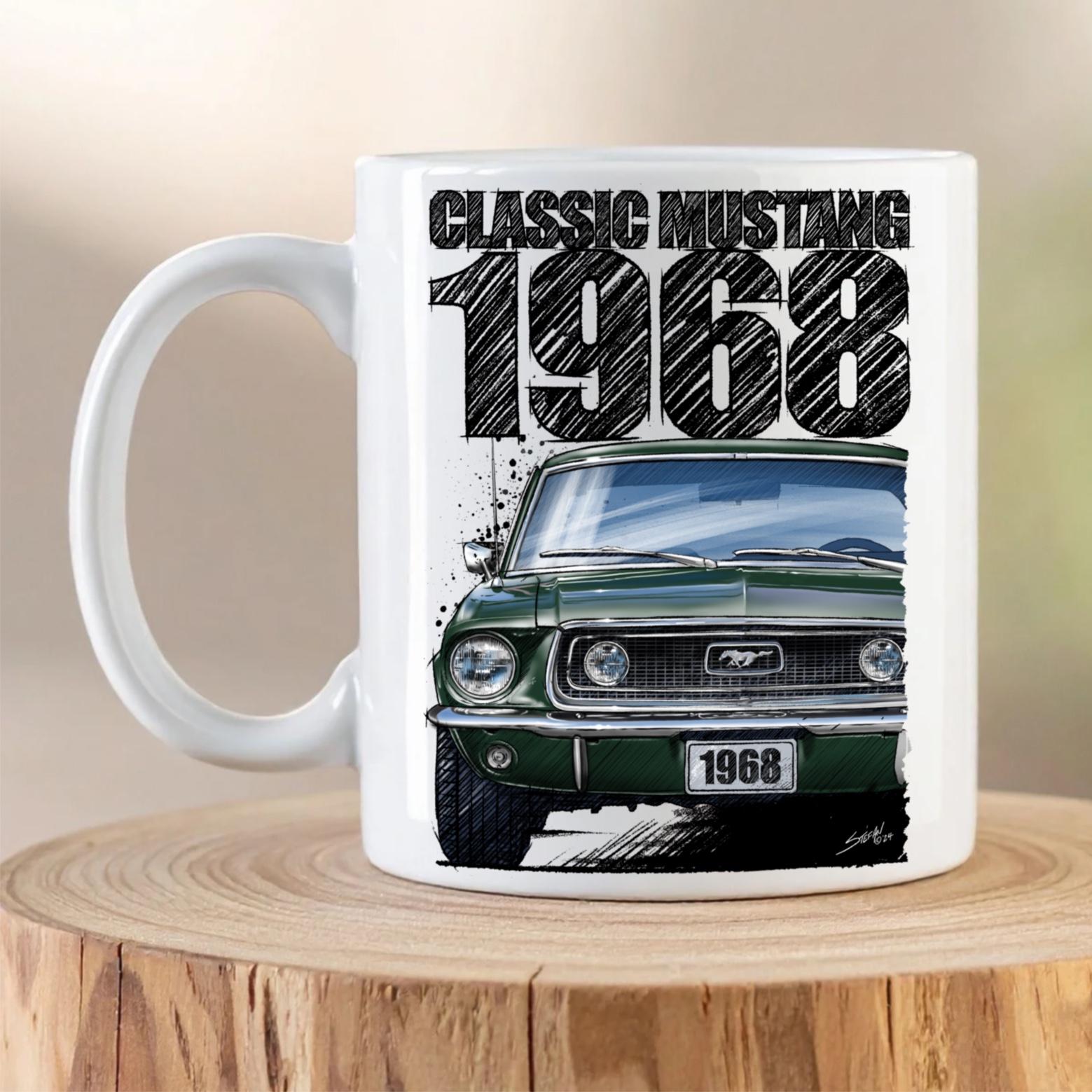 1968 Ford Mustang mug featuring a front-view illustration of a dark green 1968 Ford Mustang on a white ceramic coffee mug.