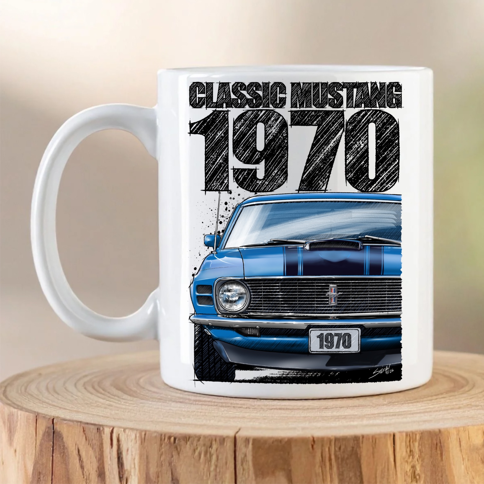 1970 Ford Mustang mug featuring a front-view illustration of a blue 1970 Ford Mustang with black racing stripes on a white ceramic coffee mug.