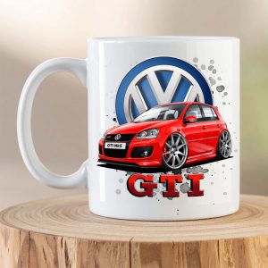Volkswagen Golf GTI Mk5 mug featuring a red lowered Volkswagen Golf GTI Mk5 illustration with Volkswagen logo on a white ceramic coffee mug.