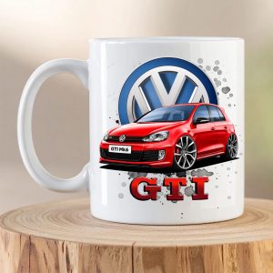 Volkswagen Golf GTI Mk6 mug featuring a red Volkswagen Golf GTI Mk6 illustration on a white ceramic coffee mug.