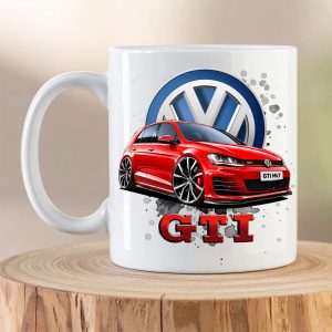 Volkswagen Golf GTI Mk7 mug featuring a red Volkswagen Golf GTI Mk7 illustration on a white ceramic coffee mug.