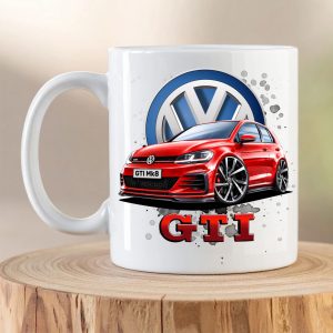 Volkswagen Golf GTI Mk8 mug featuring a red Volkswagen Golf GTI Mk8 illustration on a white ceramic coffee mug.