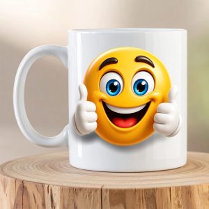 Thumbs Up Emoji Mug featuring a happy 3D smiley giving two thumbs up